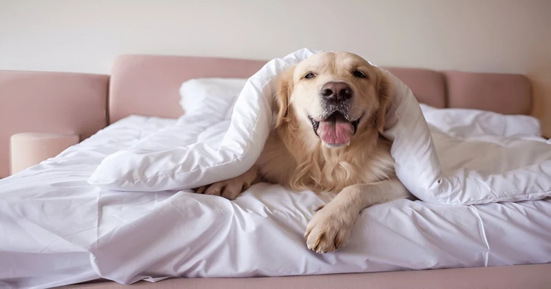 Dog under the blanket cover with his tongue out