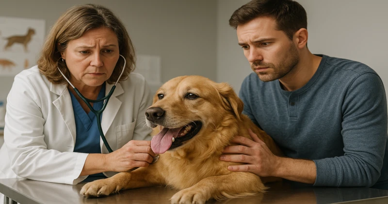 Dog getting his health checked by Vet with his Owner nearby