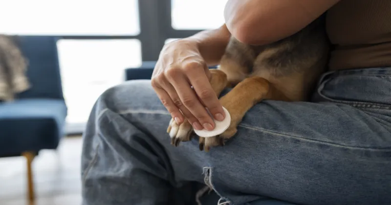 side view woman cleaning dog